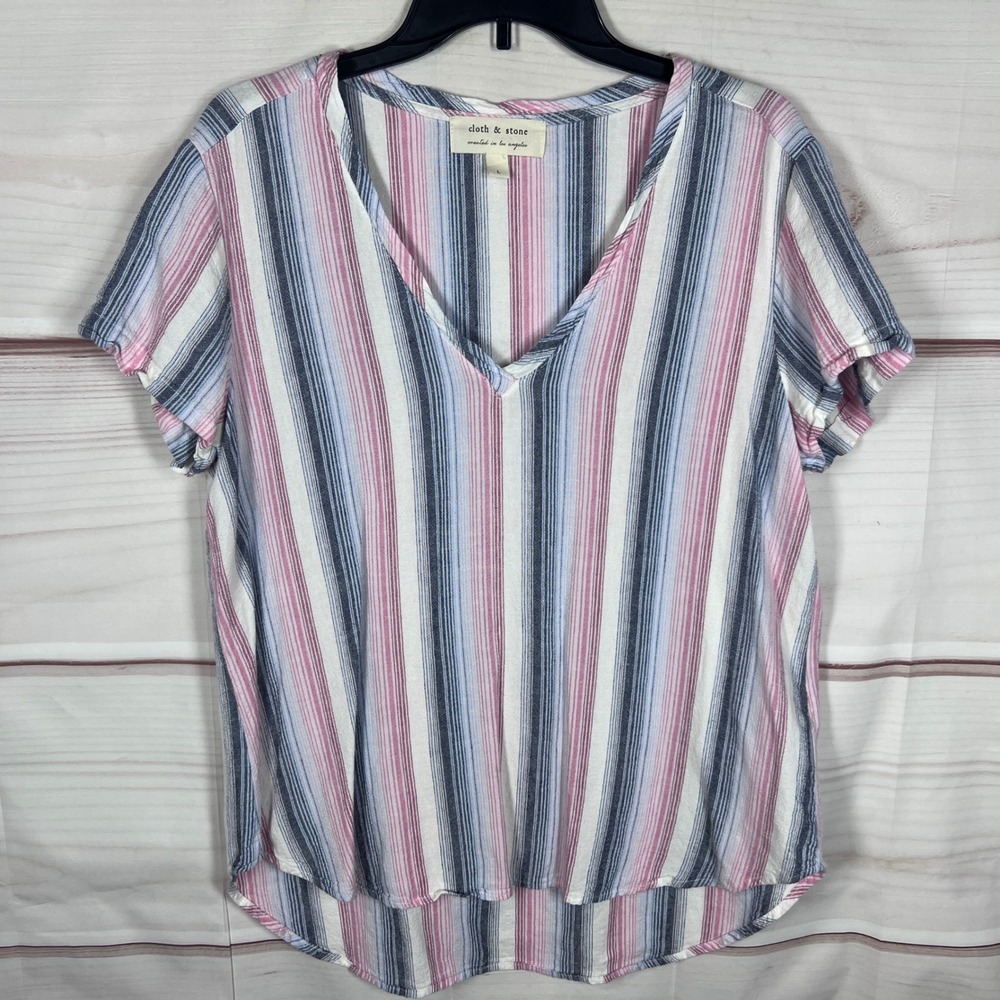 Cloth & Stone Top Womens Large Pink Blue Striped V-Neck Short Sleeve Rayon Linen